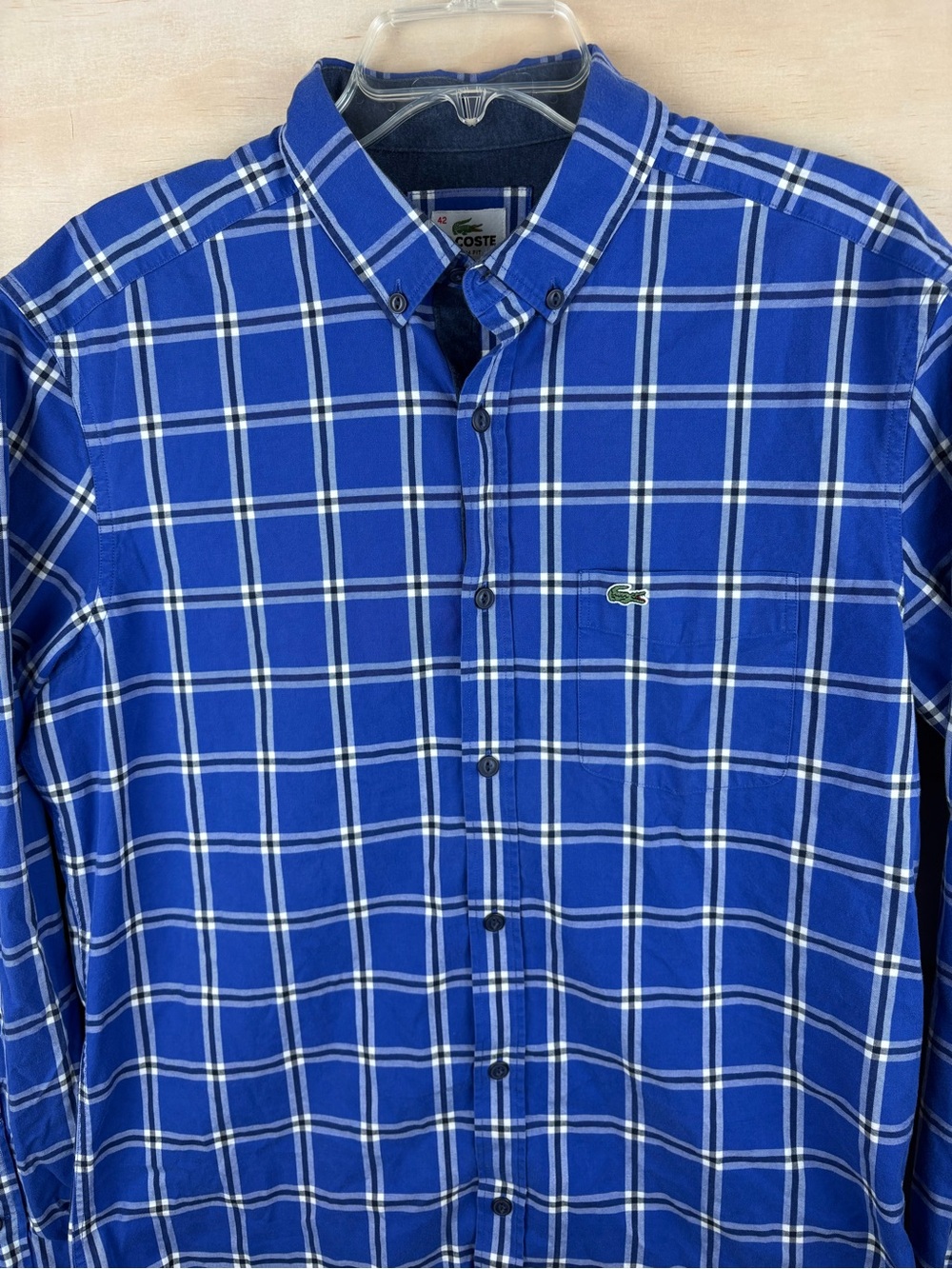 Lacoste Slim Fit Button Down Shirt Mens Long Sleeve Size 42 Large Blue Plaid